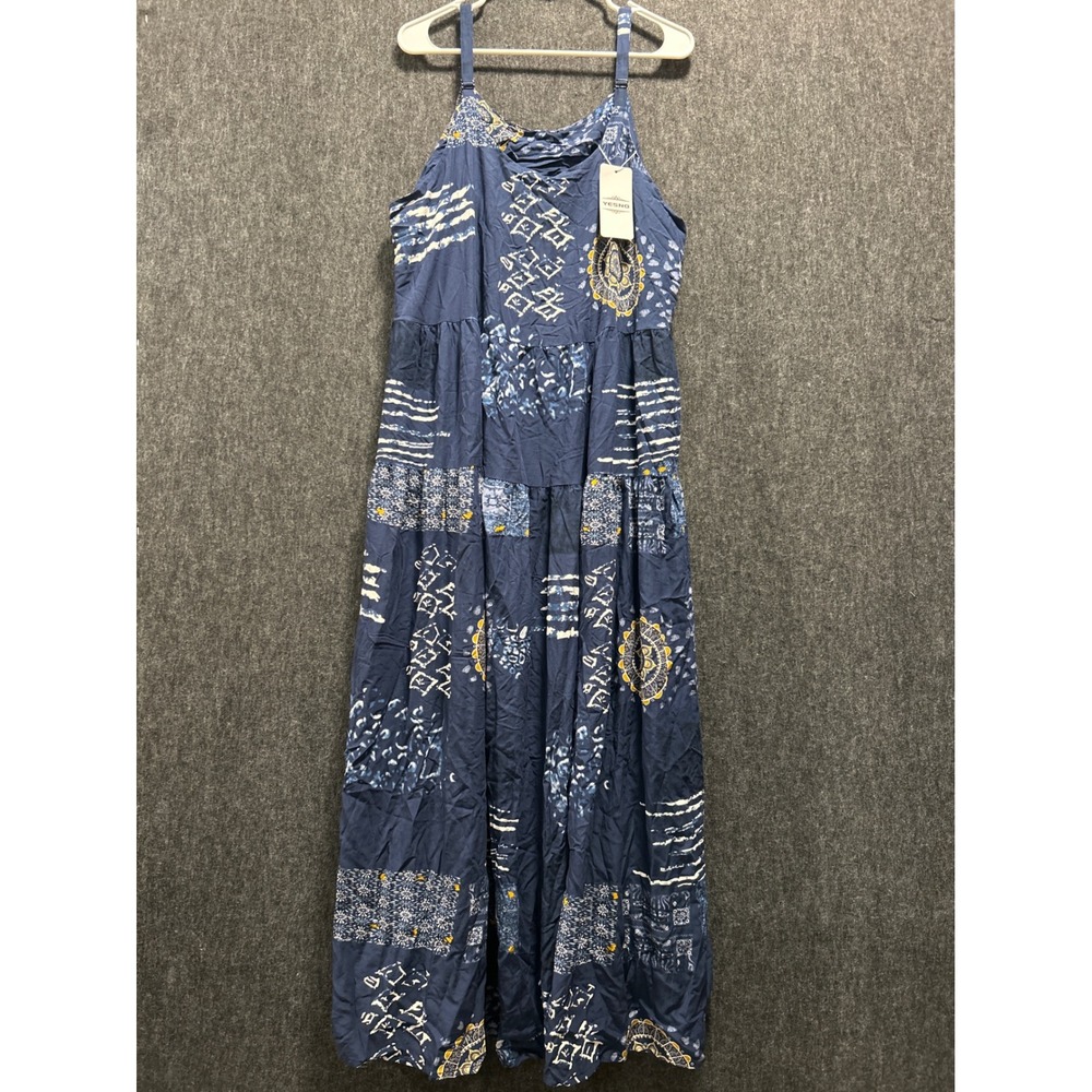 YESNO Maxi Dress Womens XXL Blue New  Cotton Boho Tiered Pockets Beach